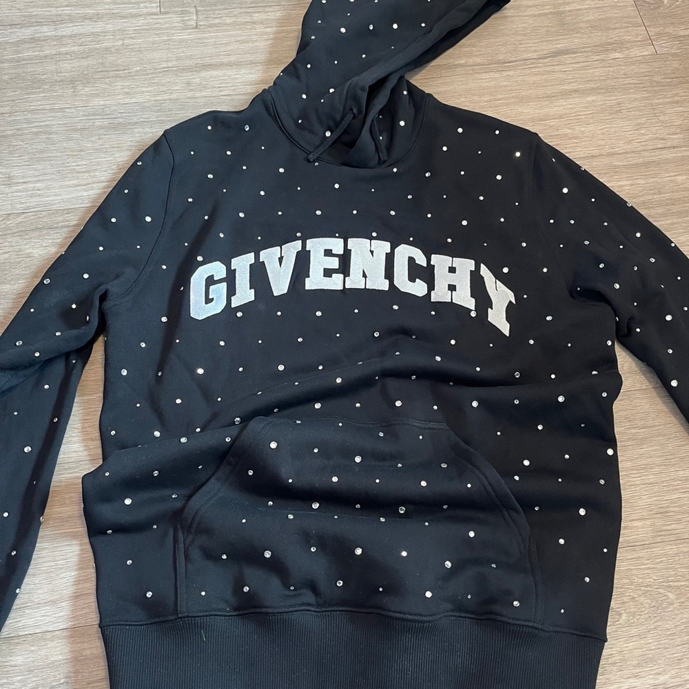 Givenchy Black Hoodie with White Logo and rhinestones